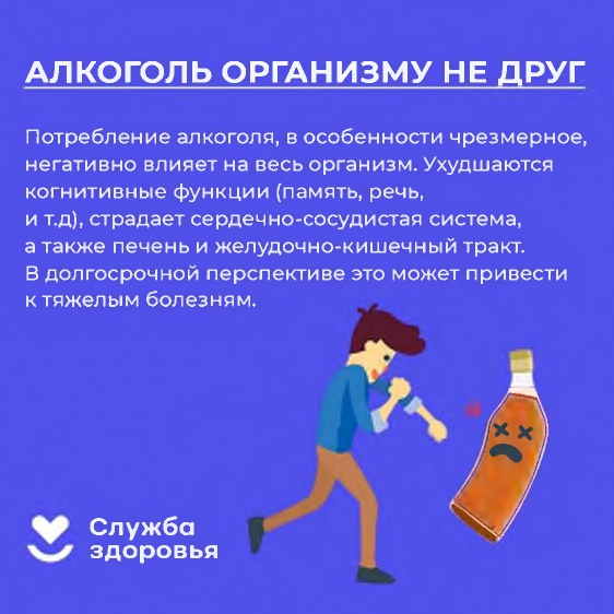 АЛКОГОЛЬ ОРГАНИЗМУ НЕ ДРУГ: Потребление алкоголя, в особенности чрезмерное,  негативно влияет на весь организм. Ухудшаются  когнитивные функции (память, речь,  и т.д), страдает сердечно-сосудистая система,  а также печень и желудочно-кишечный тракт. В долгосрочной перспективе это может привести  к тяжелым болезням.